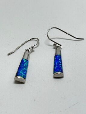 Sterling Silver .925 And Lab Blue Fire Opal Dangly Earrings, Wires